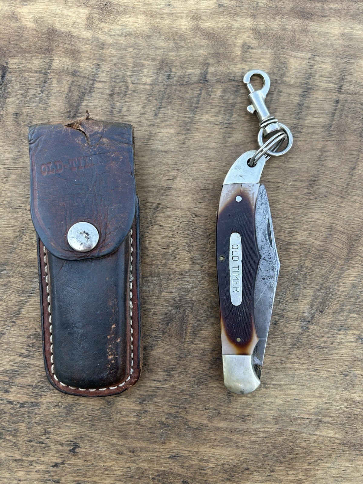 Vintage Schrade Old Timer 125OT Mustang USA Folding Hunting Knife Leather Sheath