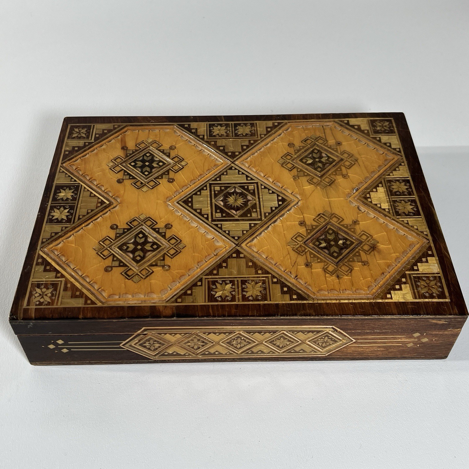 Rare Vintage USSR Wood Hinged Box Intricate Overlay Geometric Designs Star Stamp
