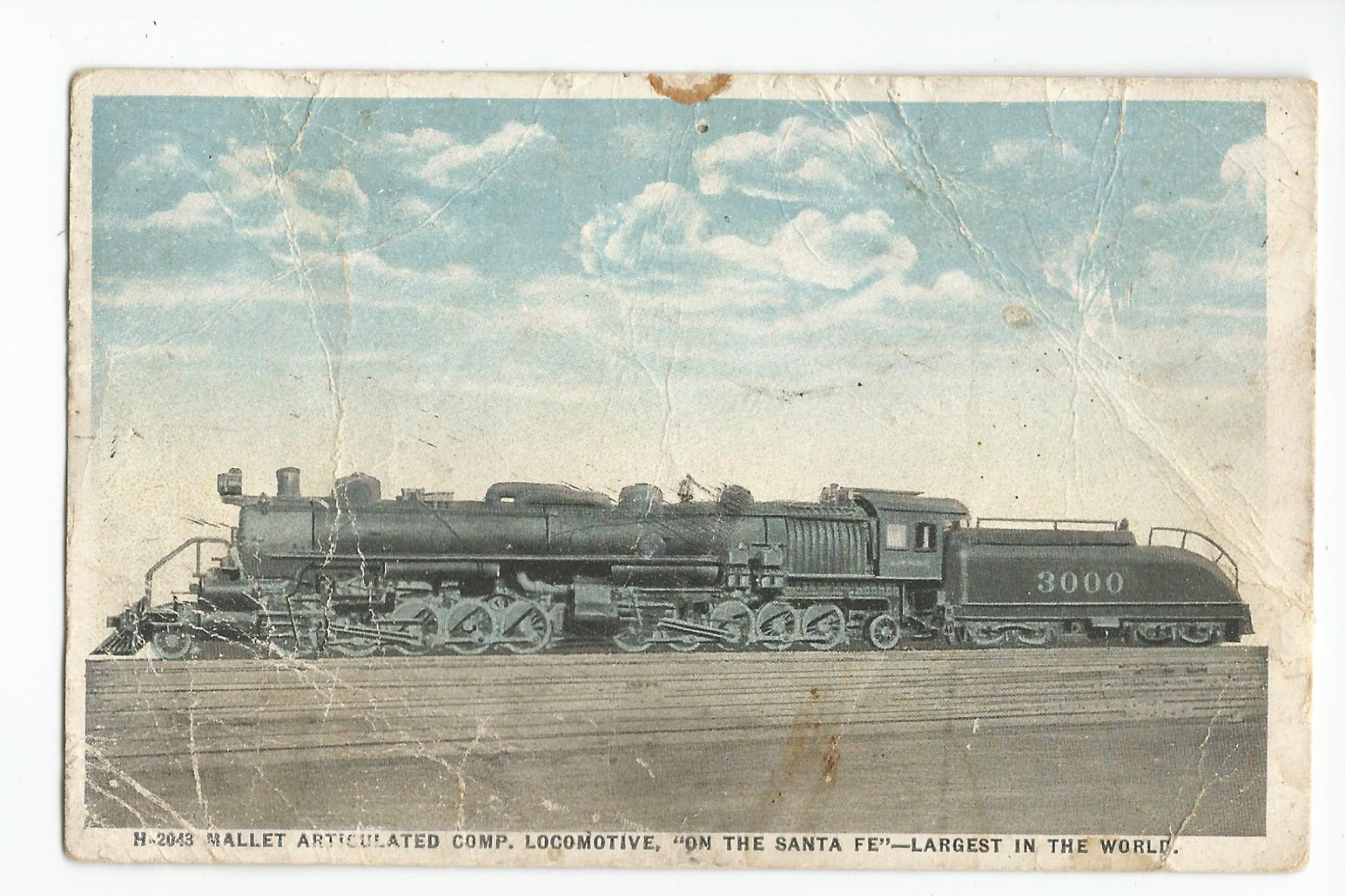 Postcard: Mallet Articulated Comp. Locomotive, 3000 engine; #H-2043; Fred Harvey