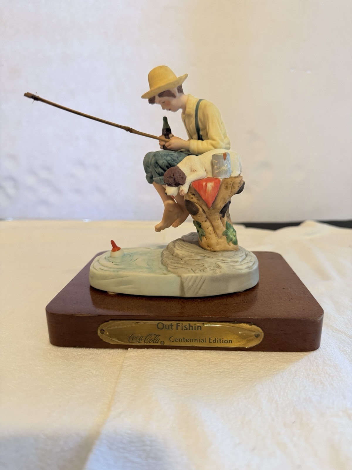 Vintage 1991 Norman Rockwell Boy Fishing Dog with COCA-COLA Figurine #11326