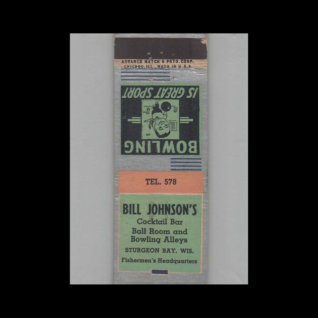 Matchbook Cover 1930s Advance Match Bill Johnson\'s Cocktail Bar Sturgeon Bay WI