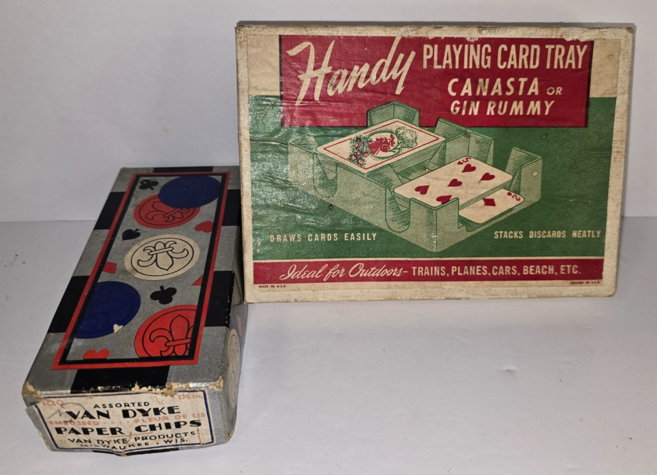 Vtg 1950 Handy Playing Card Tray & 100 ct. Van Dyke Paper Poker Chips & 2 Decks