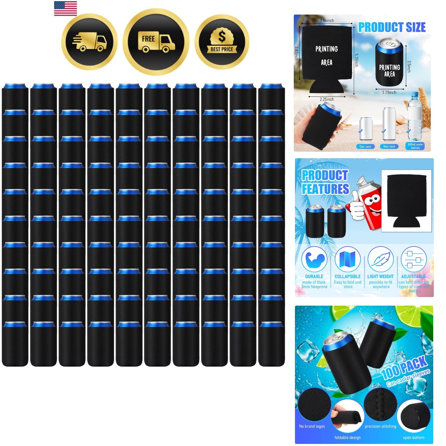 100 Pack Blank Beer Can Cooler Sleeves Bulk, Black