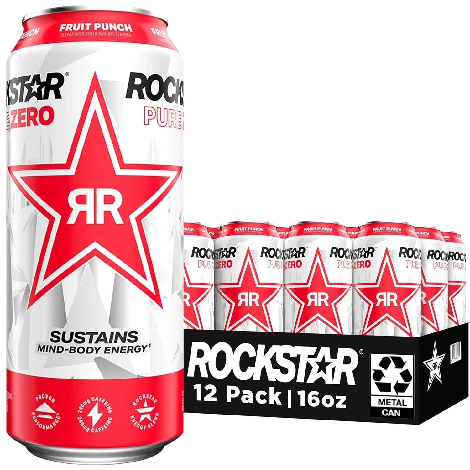 Rockstar Pure Zero Energy Drink, Fruit Punch, 0 Sugar, with Caffeine and Taurine