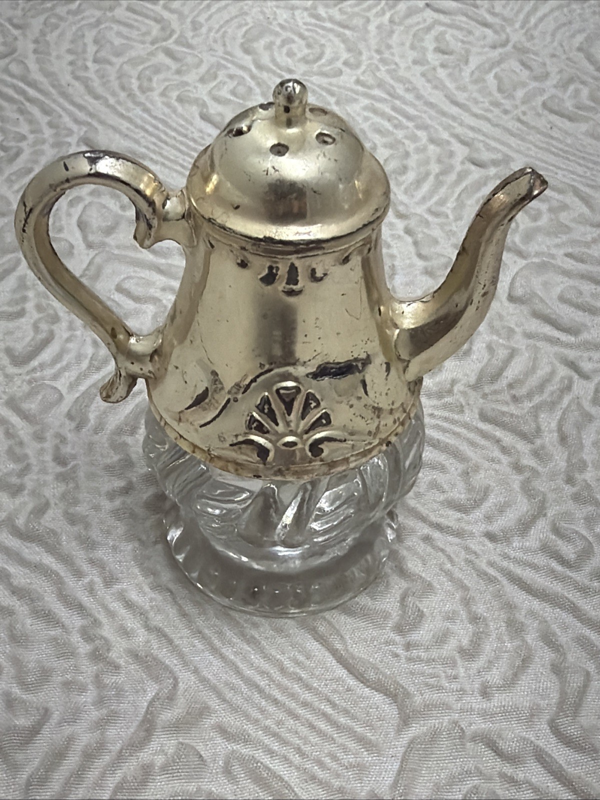 Vintage 3” Glass And Silver Plated Metal Teapot Salt Shaker, 137.58 Grams