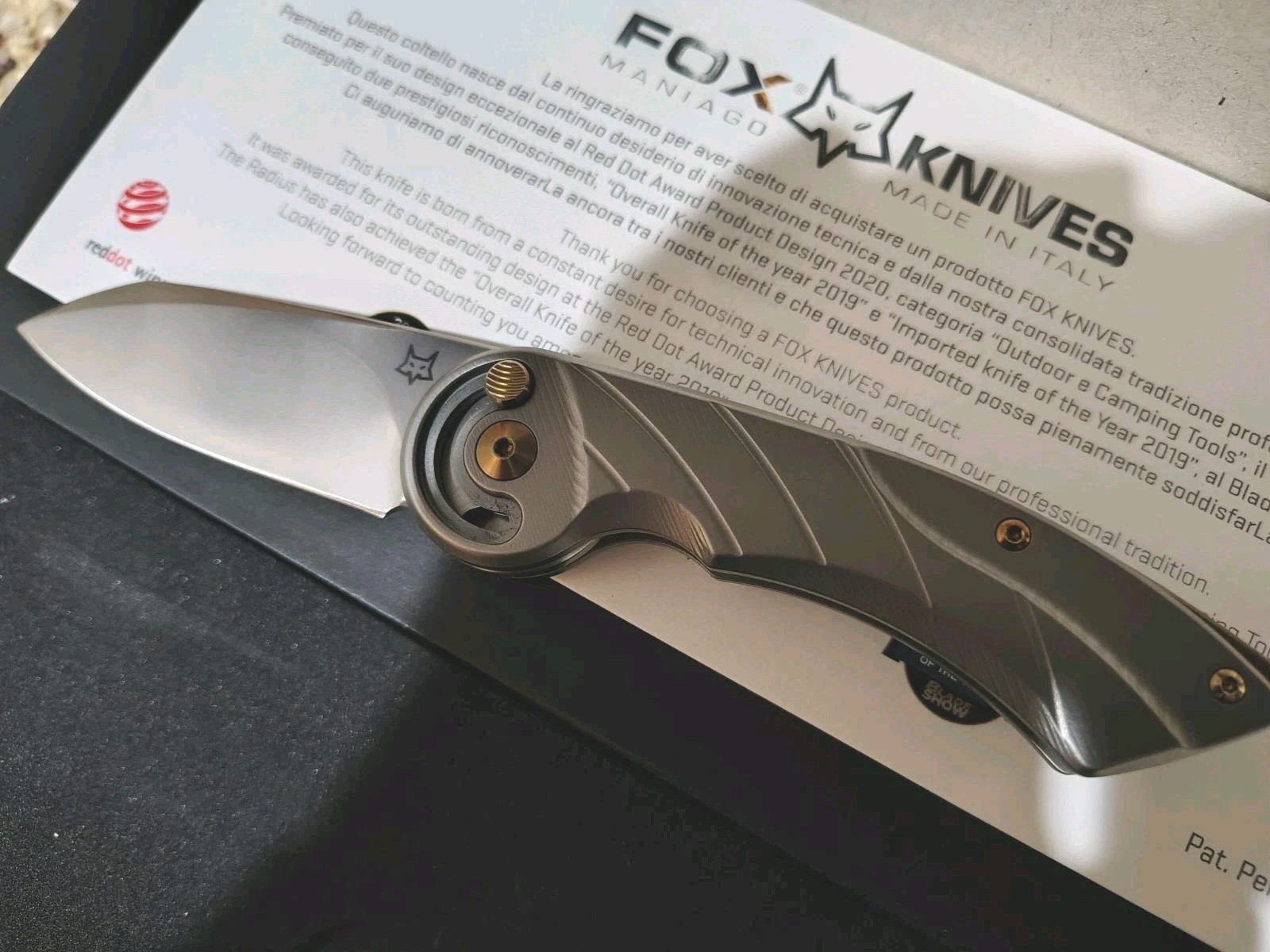 Fox Radius Lock Gray Sculpted Titanium Folding Bohler M390 Pocket Knife 550TI