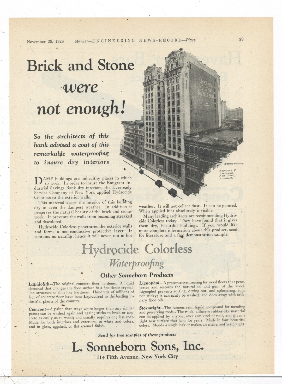 1926 L. Sonneborn Sons Ad: Emigrant Industrial Savings Bank Building - New York