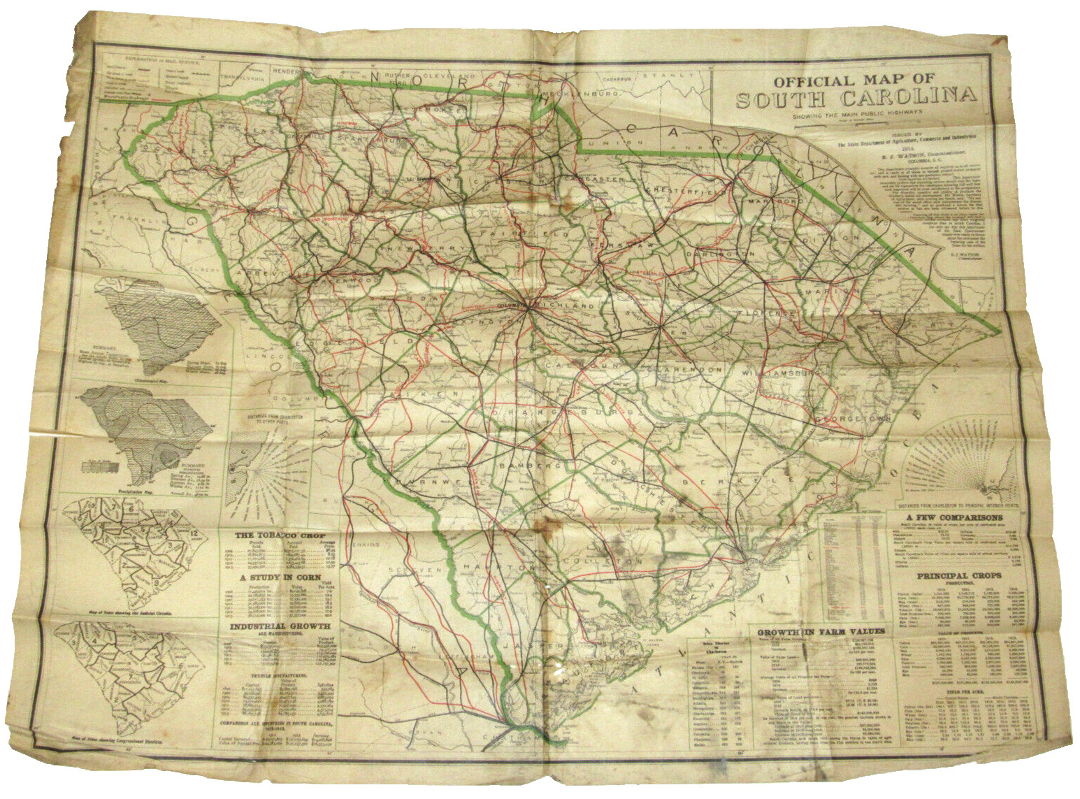 VINTAGE 1914 OFFICIAL MAP OF SOUTH CAROLINA SHOWING THE MAIN PUBLIC HIGHWAYS SC