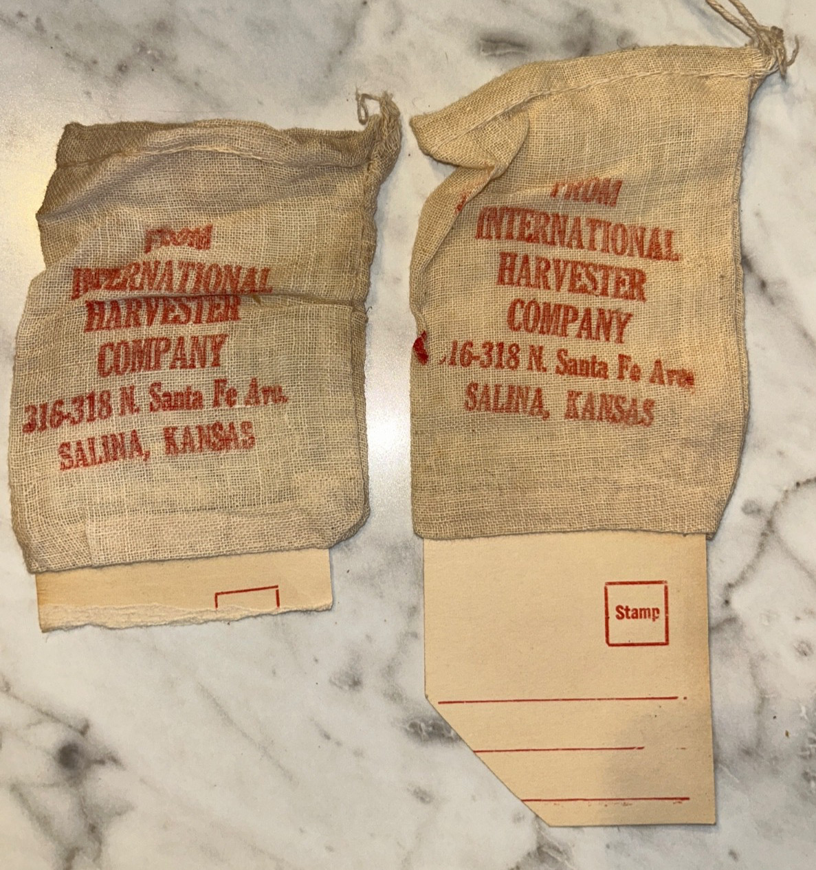 Vintage INTERNATIONAL HARVESTER CO. Parts Mailer Bags w/ Tag  SALINA, KS Rare