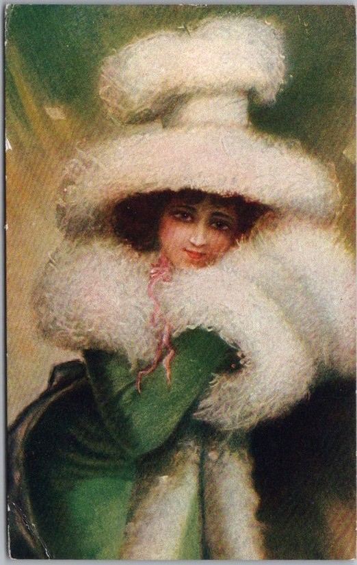 1910s Pretty Lady / Fine Art Postcard Woman in Green Dress / Fur Muff Large Hat