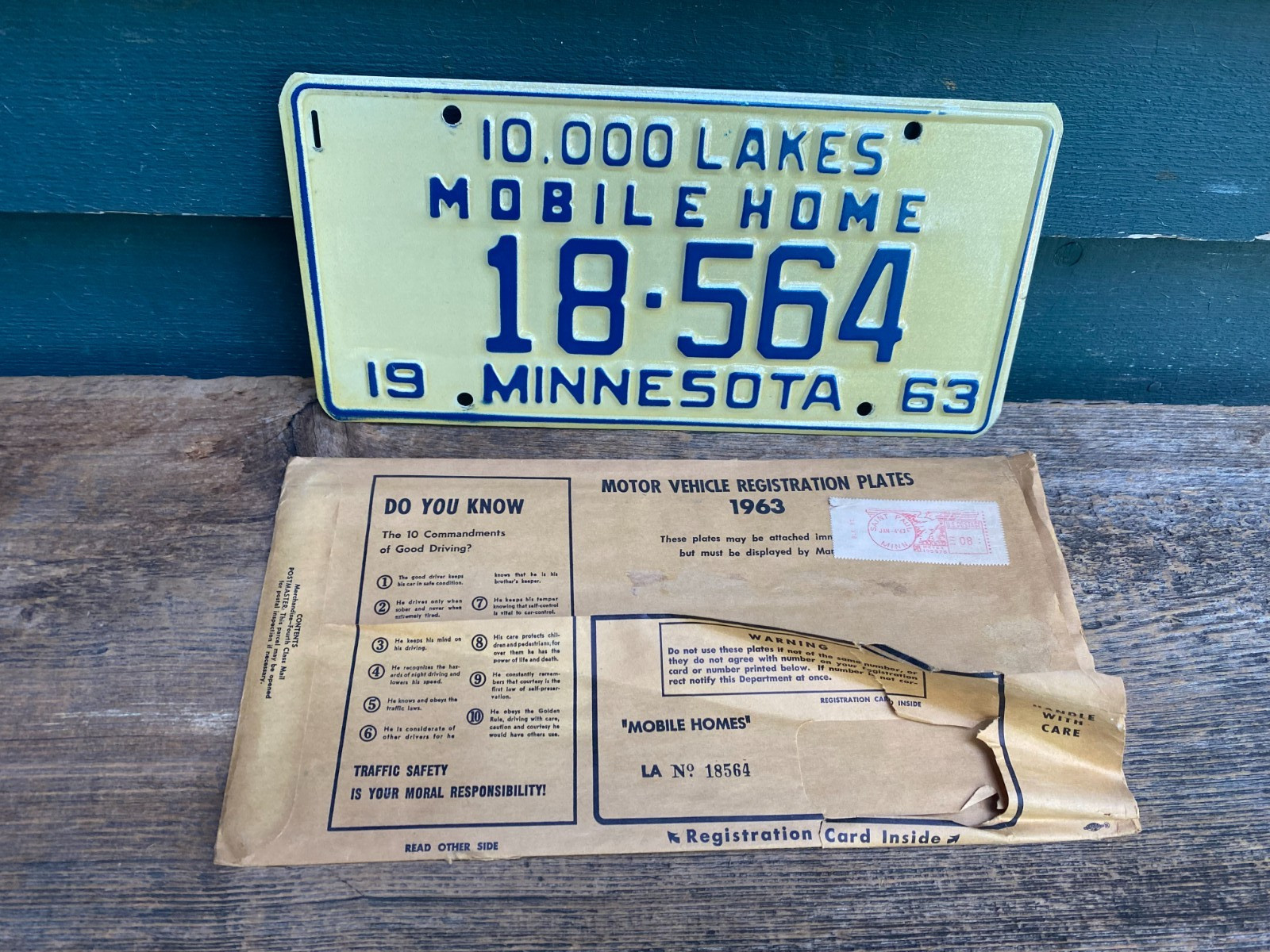 Vintage Original 1963 Minnesota License Plate 18-564 Envelope 10,000 Lakes