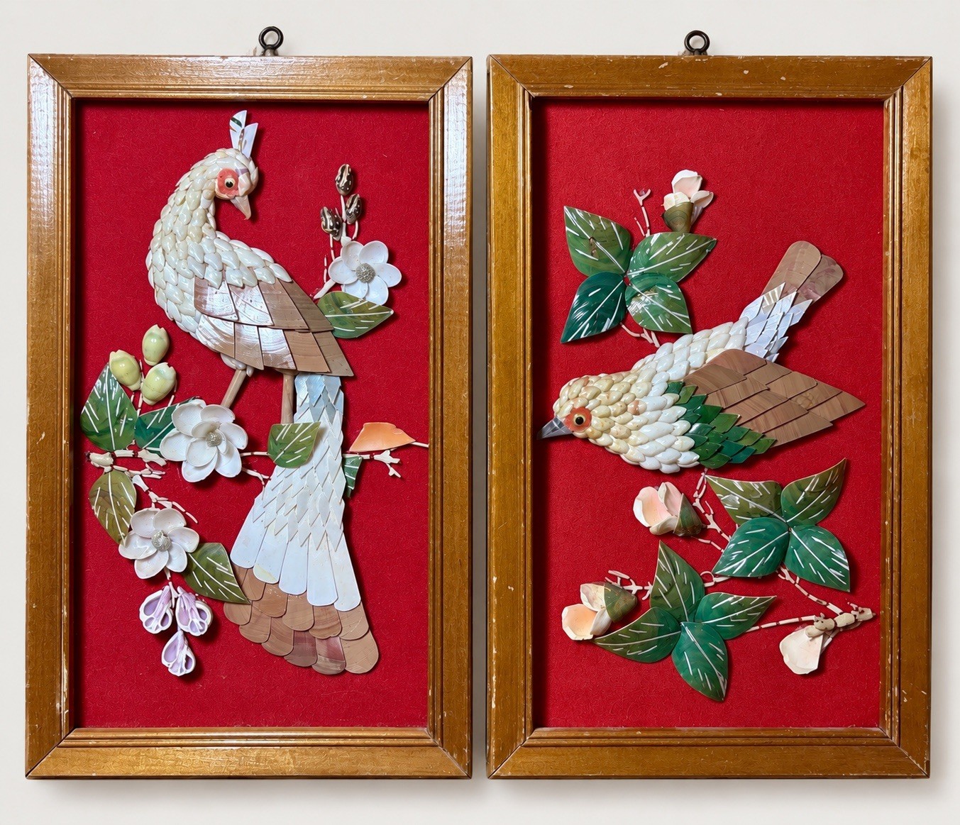 Vintage Chinese Mother of Pearl Shell Mosaic Bird Wall Art Pair MCM Framed