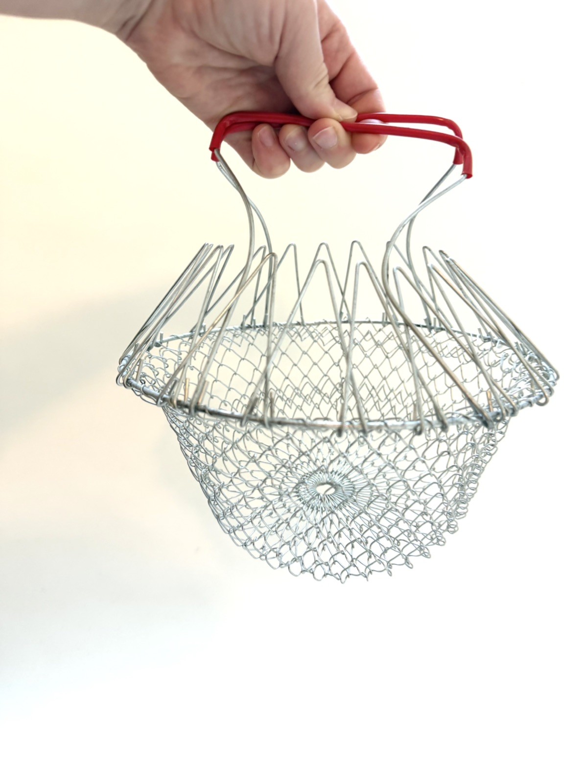 Vintage French Country Rustic Wire Mesh Egg Fruit Basket Collapsible Red Handles