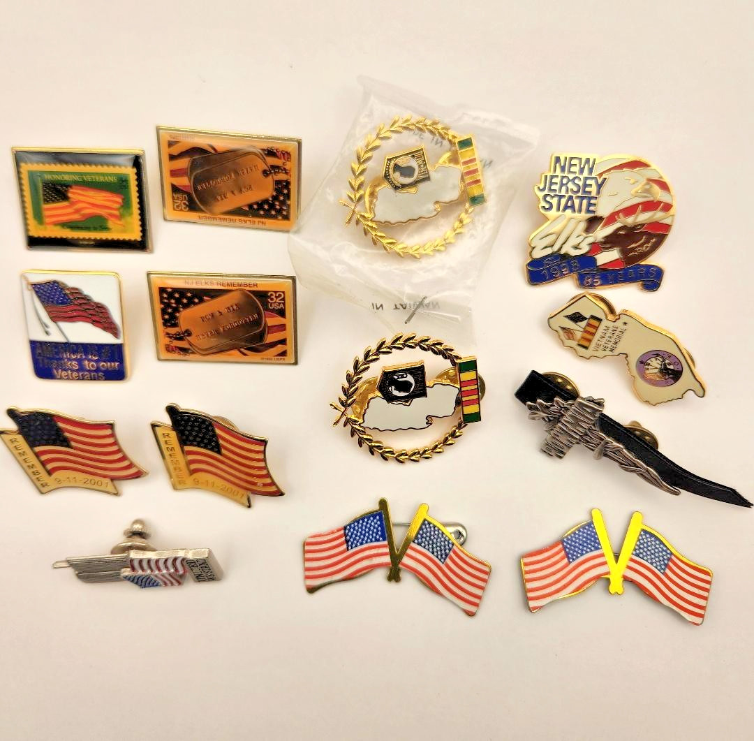 Collection of Vintage American Flag, POW/MIA & 9-11 Pins 14 pc Lot