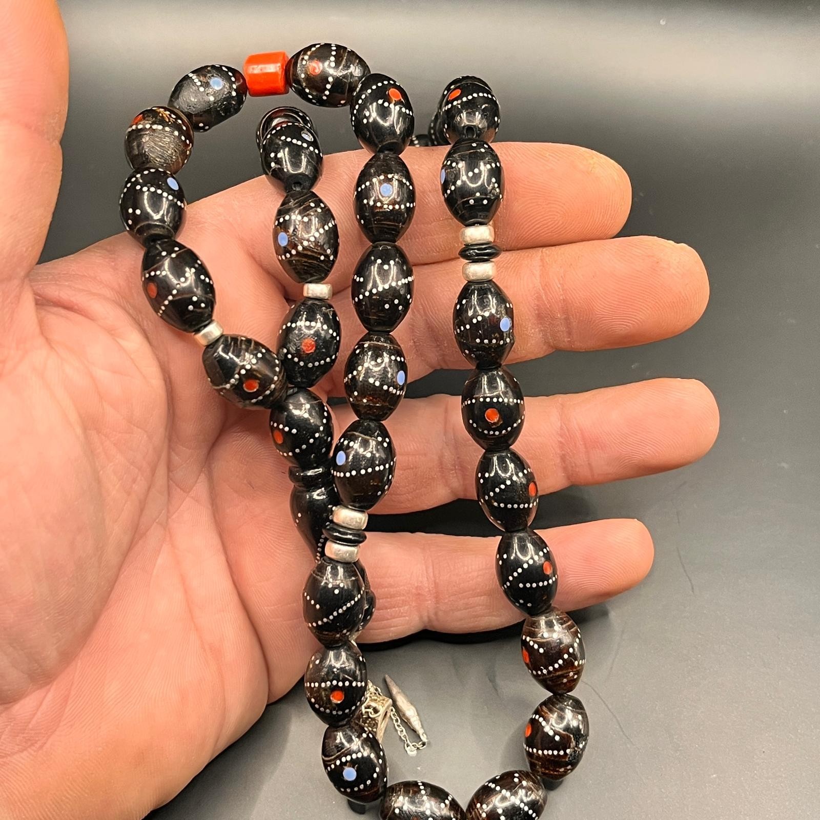 Vintage 1990s Yusr Black Prayer Beads 33 Tesbih Silver Inlay 11x16mm