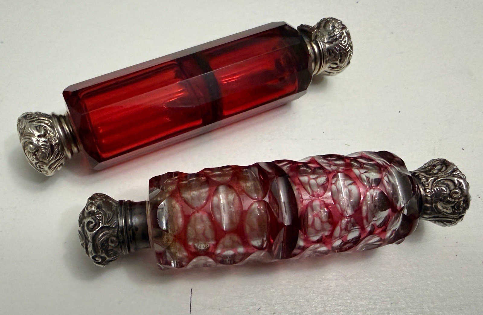 2 Antique Victorian Double Scent Bottles Cranberry Ruby Glass Silver 1800s Lot