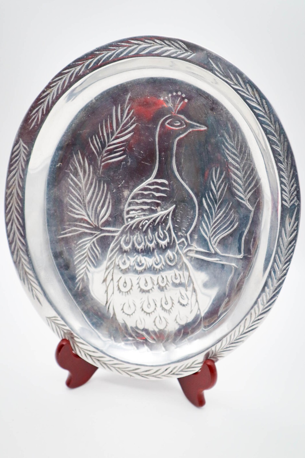 Vtg Heavy Cast Aluminum Metal Decorative Serving Platter Peacock Design Signed