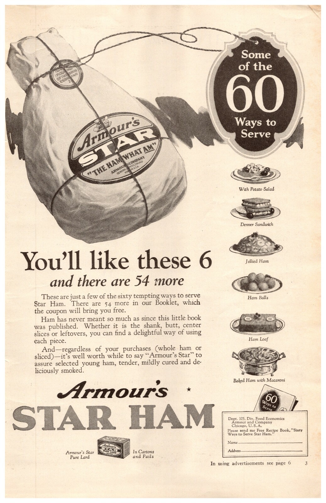 1925 Armour's Star Ham Vintage Print Ad Some Of The 60 Ways To Serve