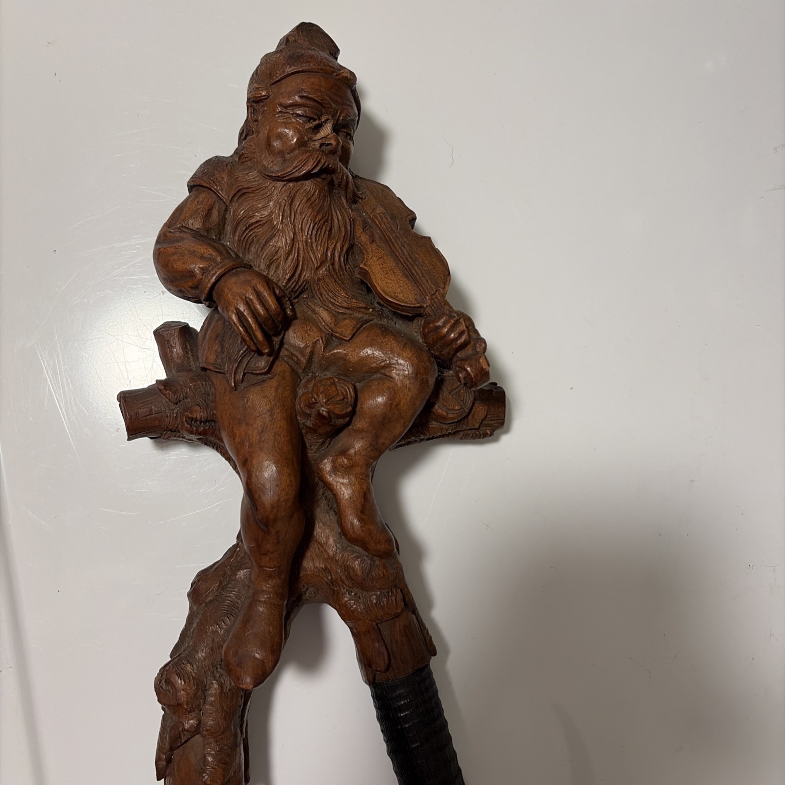 Antique Black Forest hand-carved Gnome playing violin whip hook / coat hook