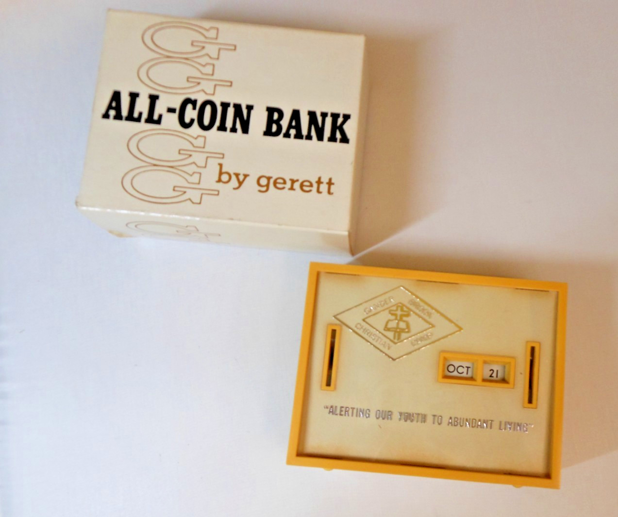 Vintage Gerett All-Coin Calendar Bank Gander Brook Christian Camp w/ Box