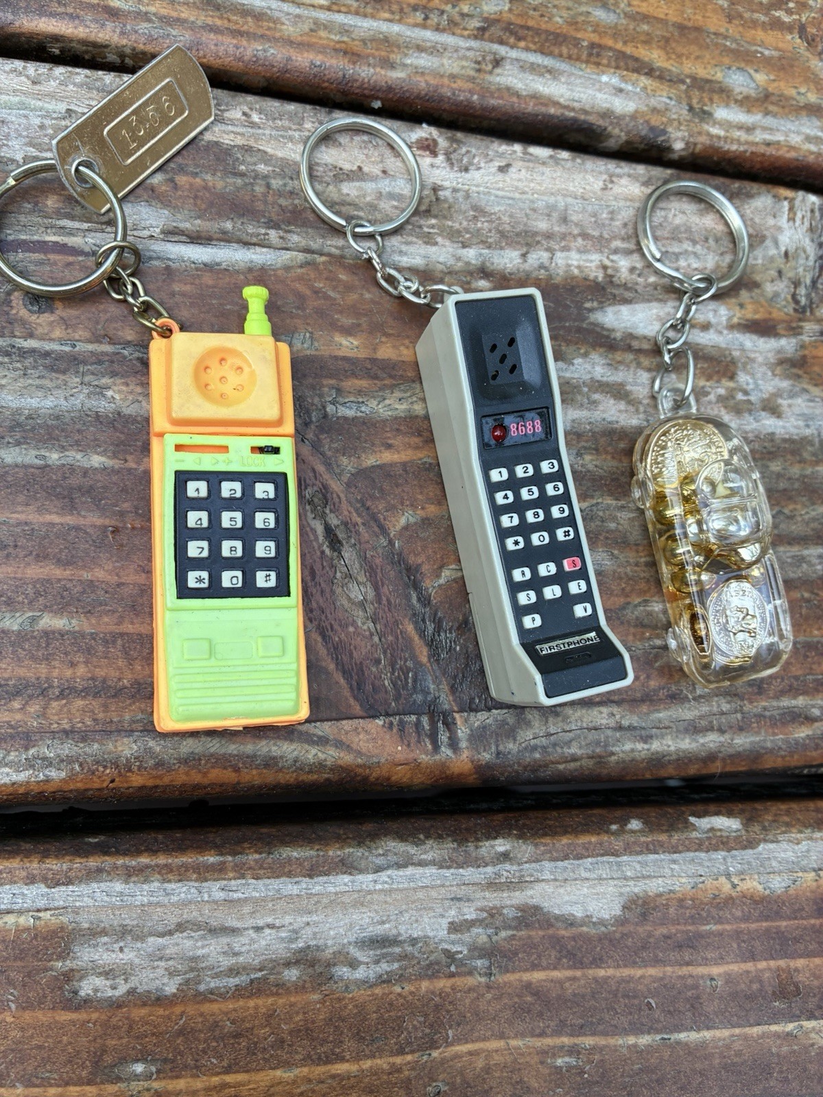 3 Vintage 1980’s Motorola The Brick Keychain Car With Gold Coin Phone Keychain