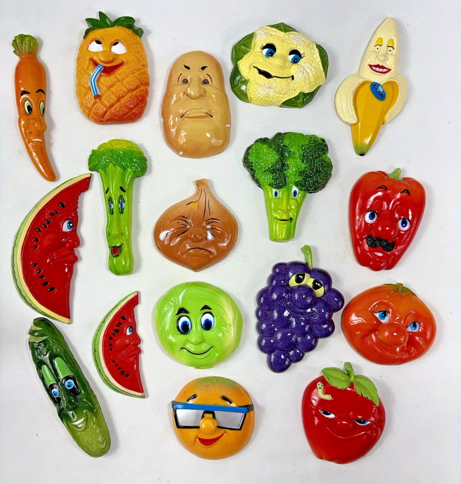 Vtg Arjon Large Anthropomorphic Magnet Lot 17 Fruit Vegetable Fridge Face Kitsch