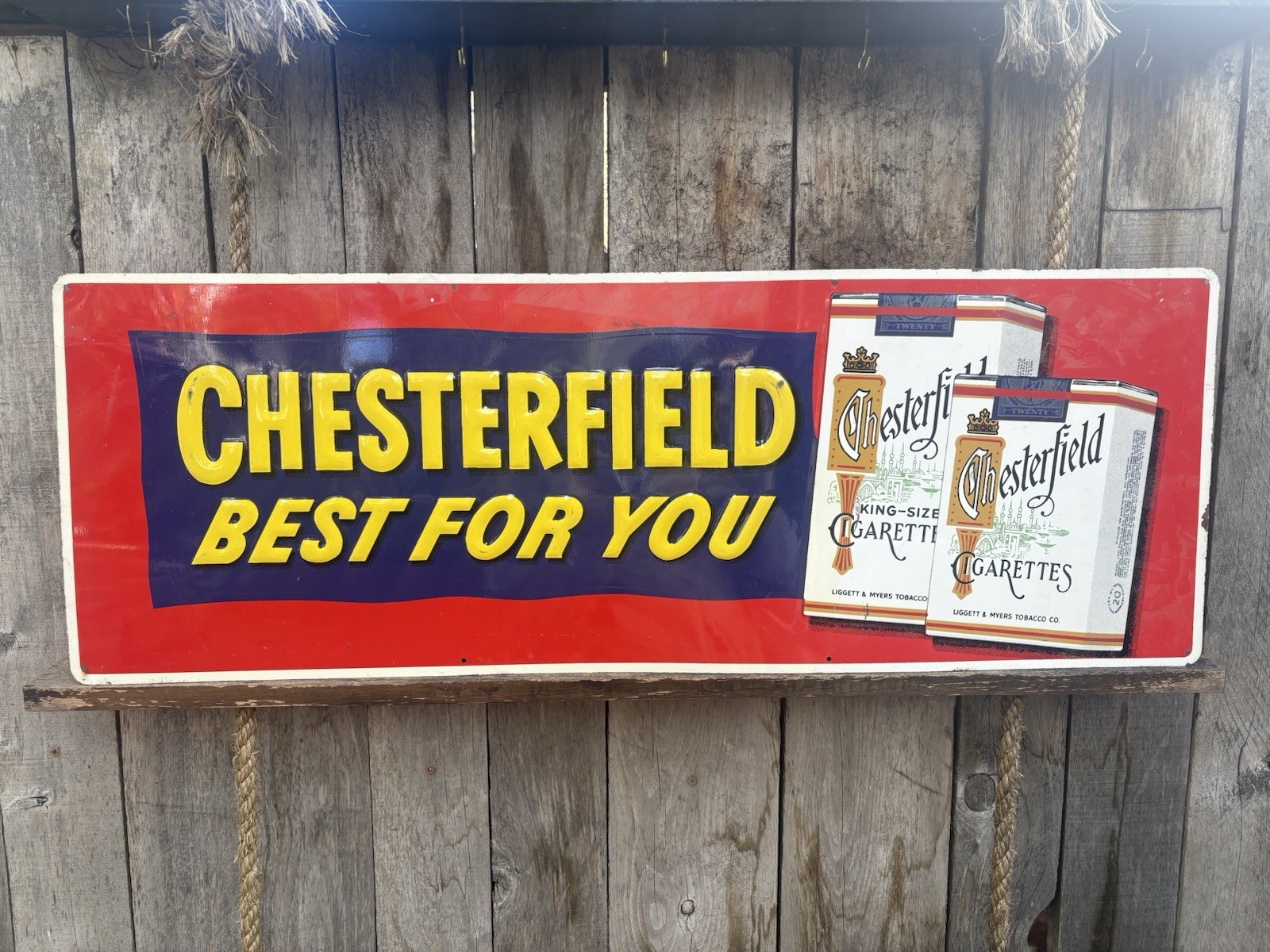 VINTAGE Original CHESTERFIELD CIGARETTES Embossed Metal Sign Best For You 34x12