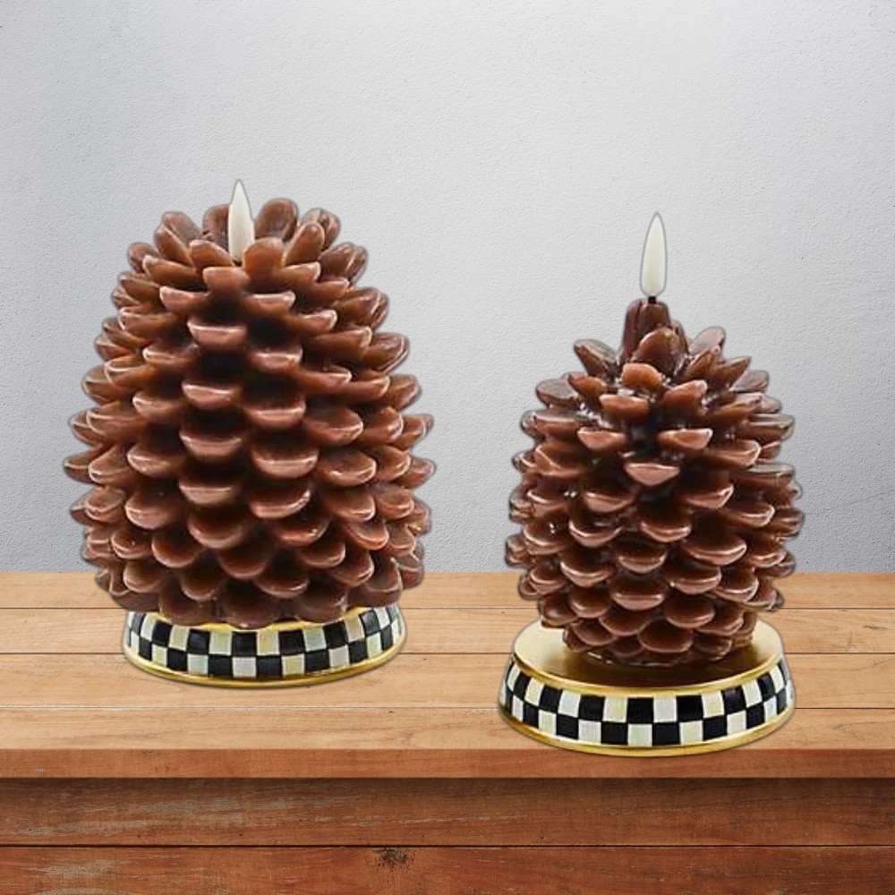 Mackenzie Childs Pinecone Flameless Candles Set Of 2 Courtly Check New In Box