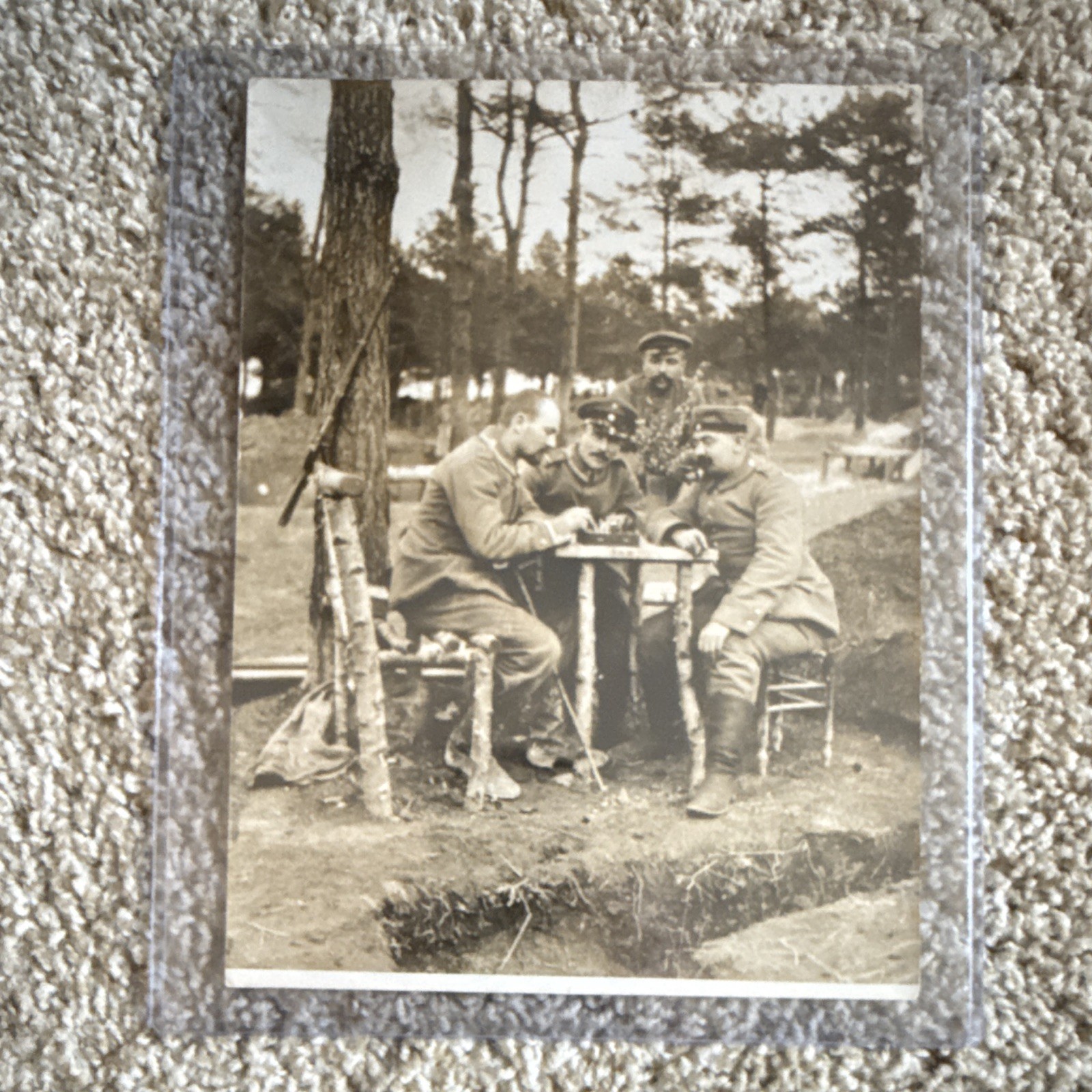 WWI 1915 Real Photo Postcard RPPC Soldiers Sitting at Table Militaria