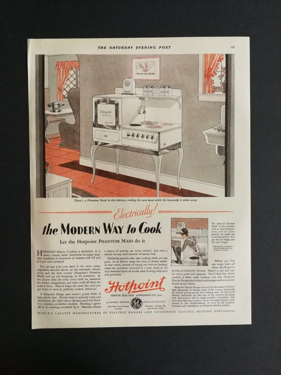 Vintage 1928 Hotpoint Electric Range Stove Kitchen Print Advertisement Ad