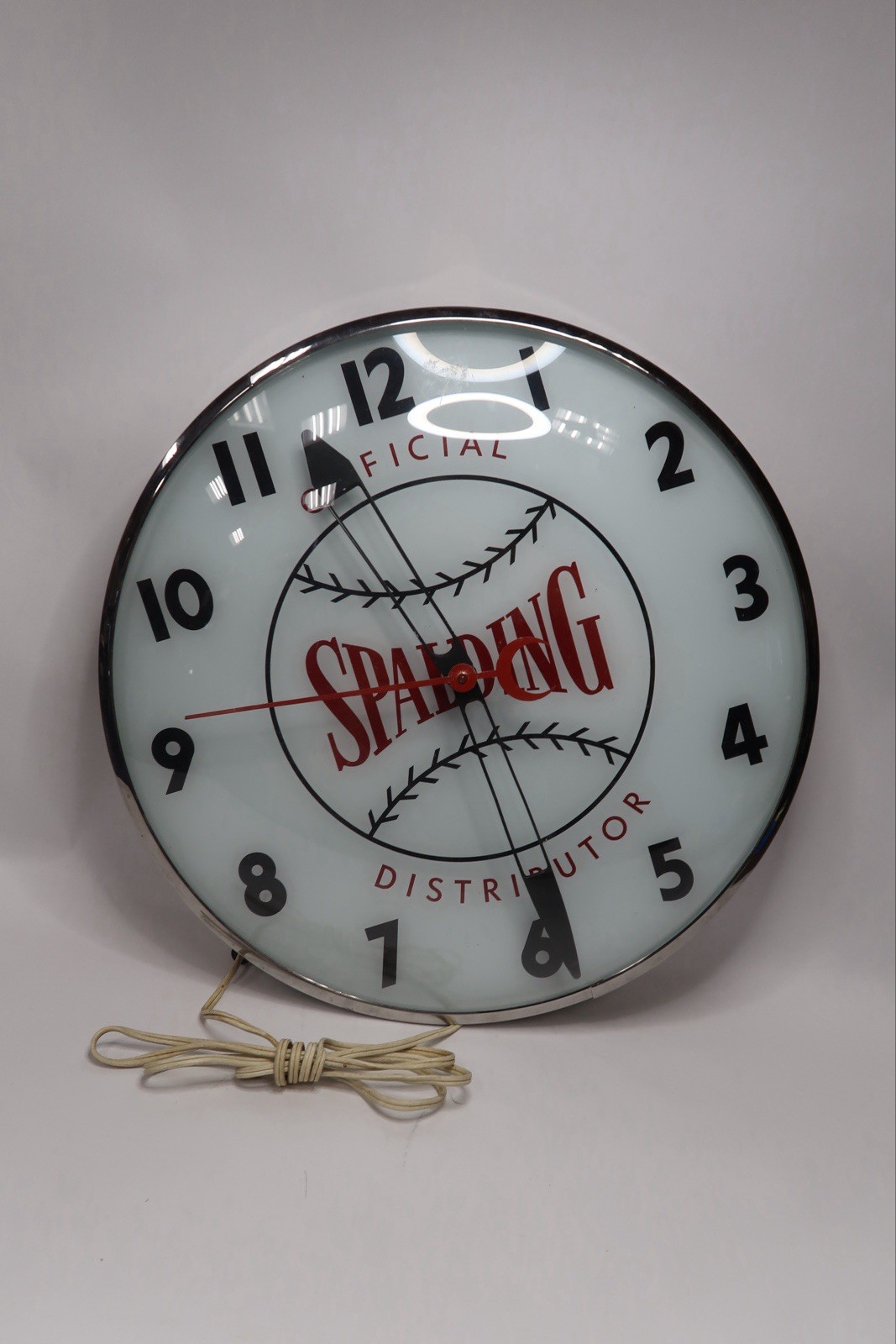 VTG Spalding Baseball Official Distributor Lighted Bubble Glass Clock, Works B21