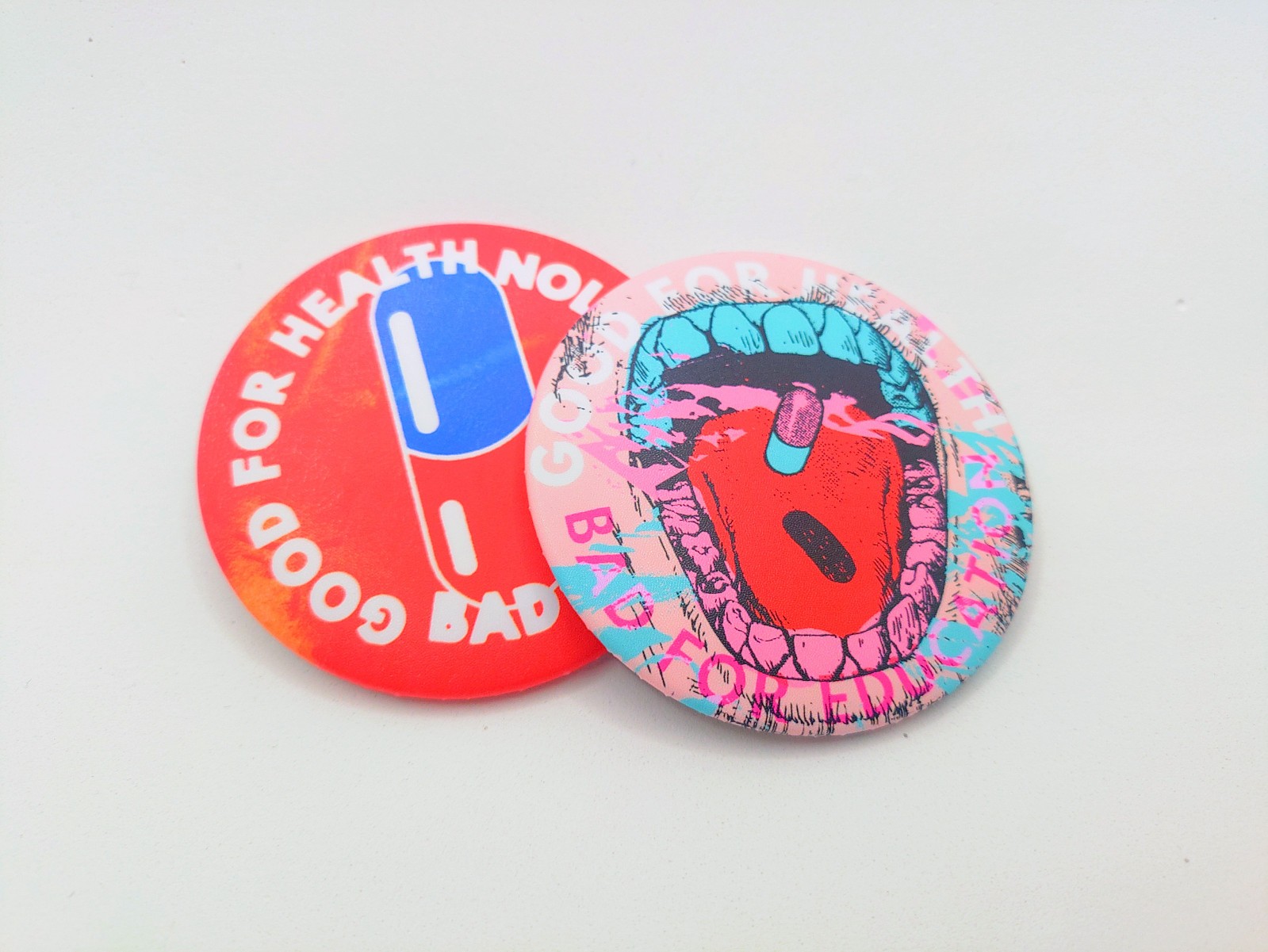 AKIRA Pinback Button: Good For Health, Bad For Education 2 Pack With Stickers