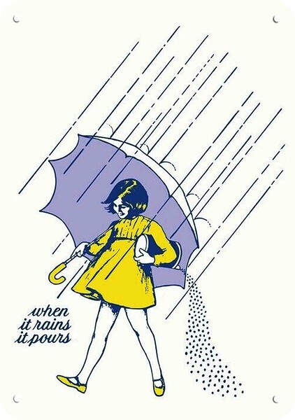 1968 MORTON'S SALT Girl Umbrella Rains it Pours DECORATIVE REPLICA METAL SIGN