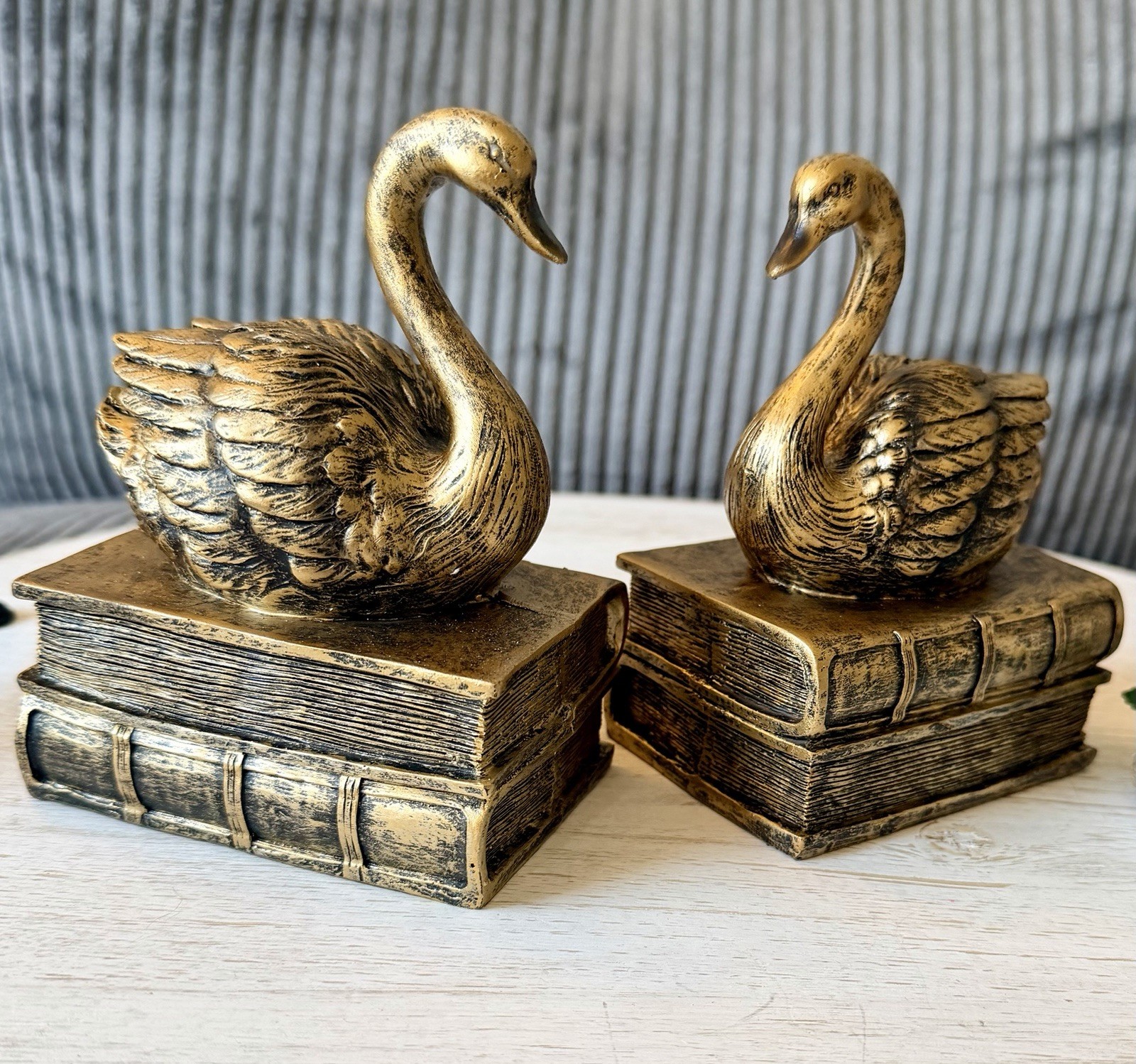 Vintage Style Art Deco Pair Of Gold Swan On Book Bookends Gold Swan Shelf Sitter