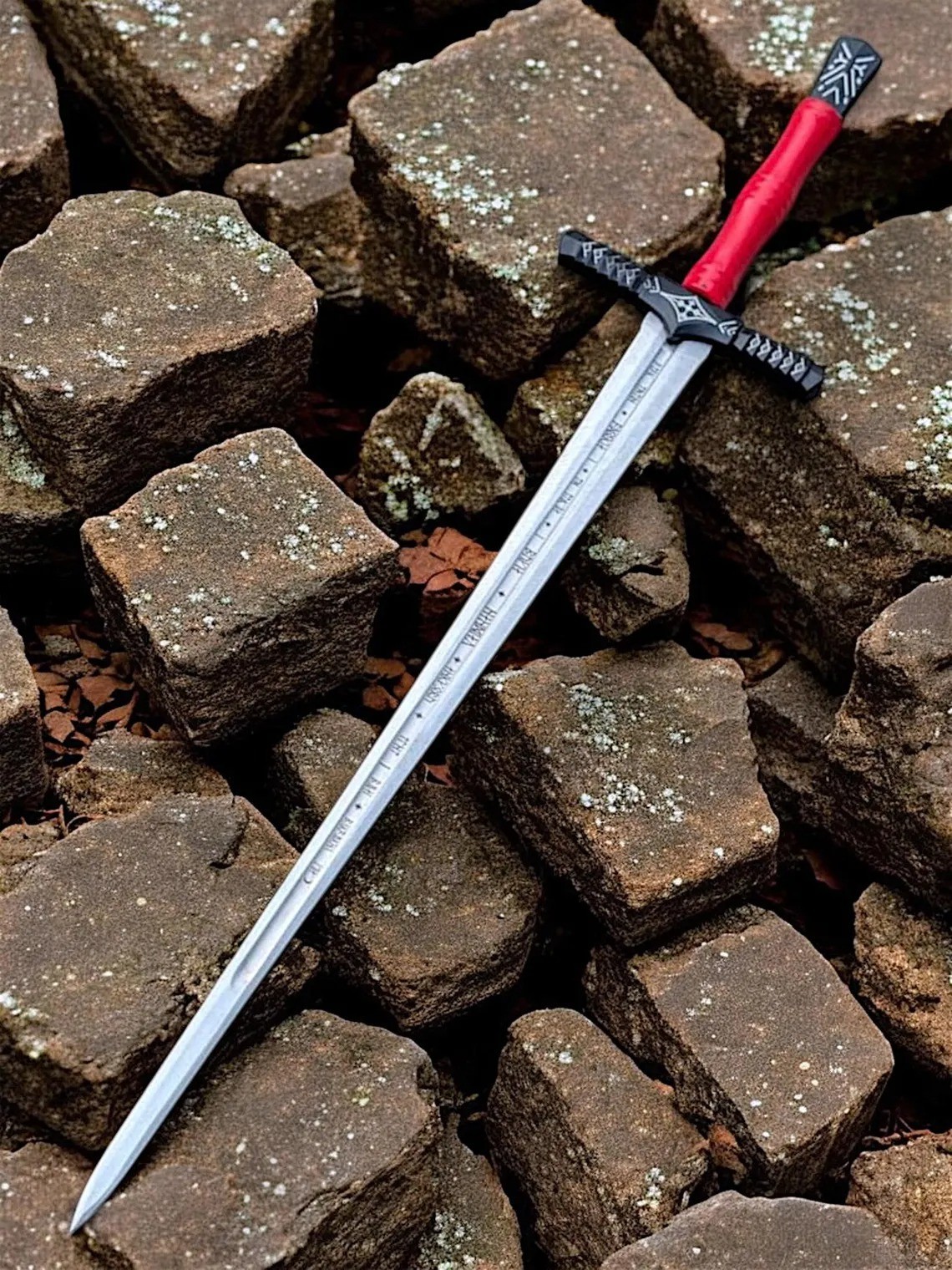 Custom Viking Sword Engraved Runes Red Leather Handle Medieval Display Prop