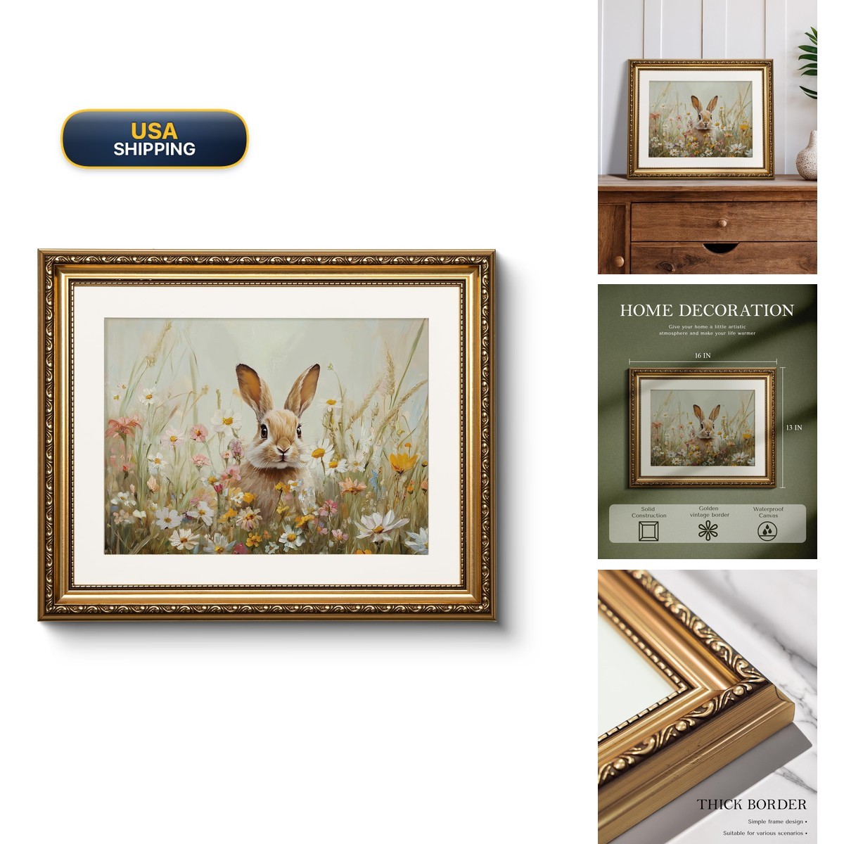 WHASAYART Vintage Gold Framed Wildflower Meadow Cute Rabbit Canvas Wall Art