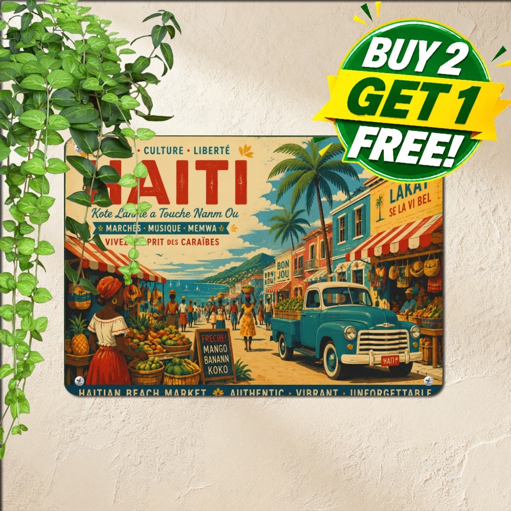 Caribbean Beach Market Scenery Sign Vintage Island Cultural Decor Metal Plaque