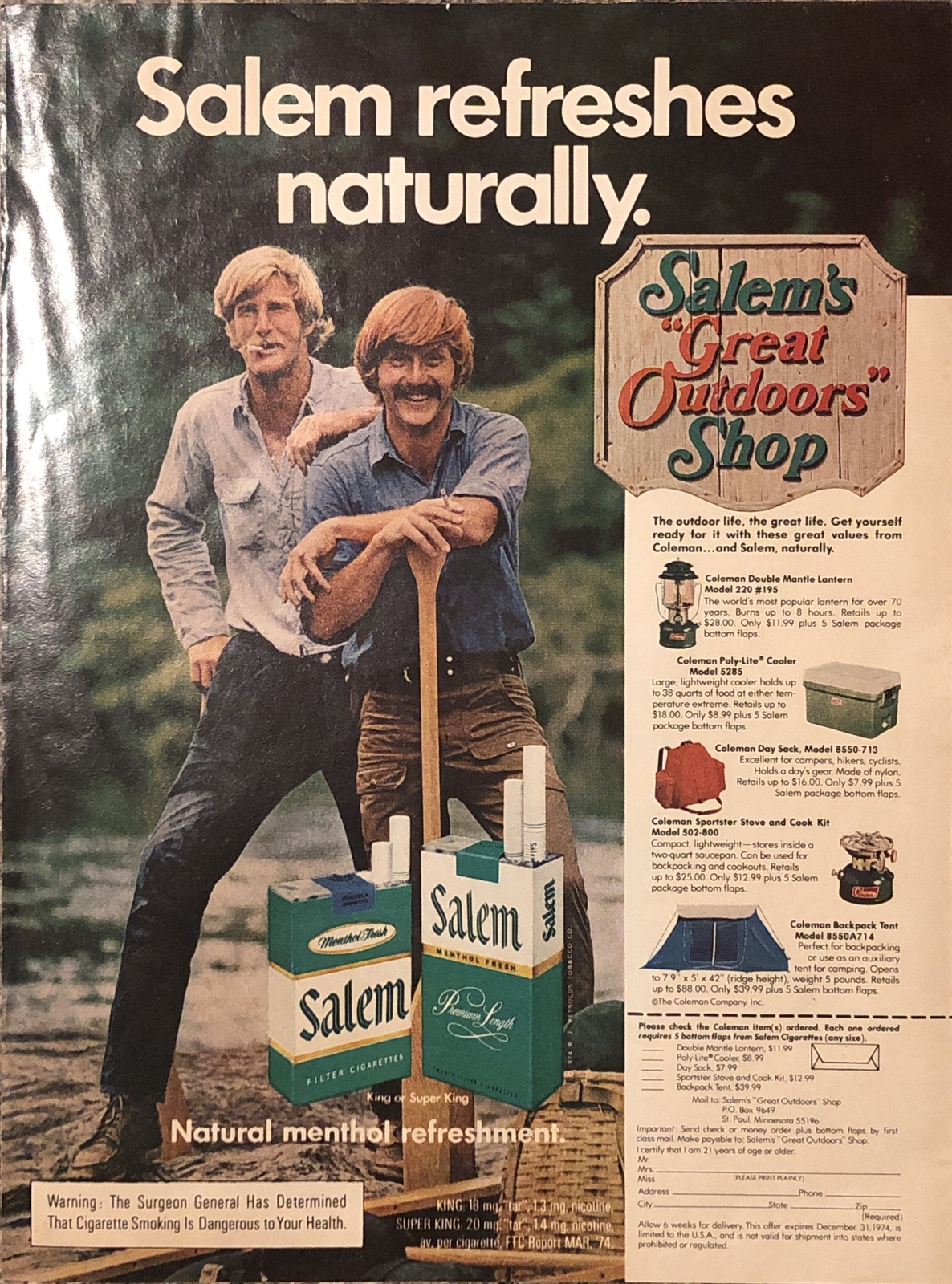 1974 Salem Cigarettes PRINT AD Great Outdoors Shop VTG 1970s Refreshes Naturally