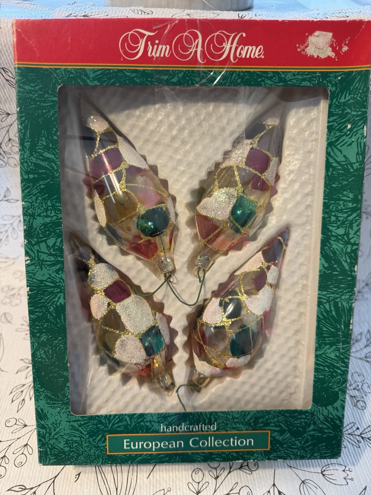 Vintage Christmas Ornaments Set of 4 Glass Glitter, Original Box