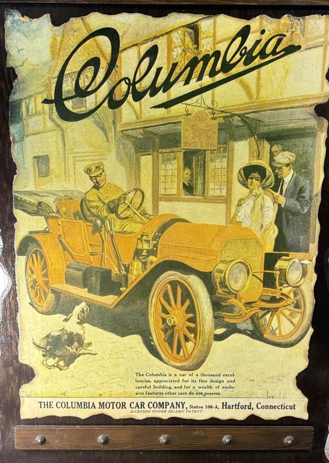 1910 Columbia Original Antique Automobile Advertising Poster Folk Art