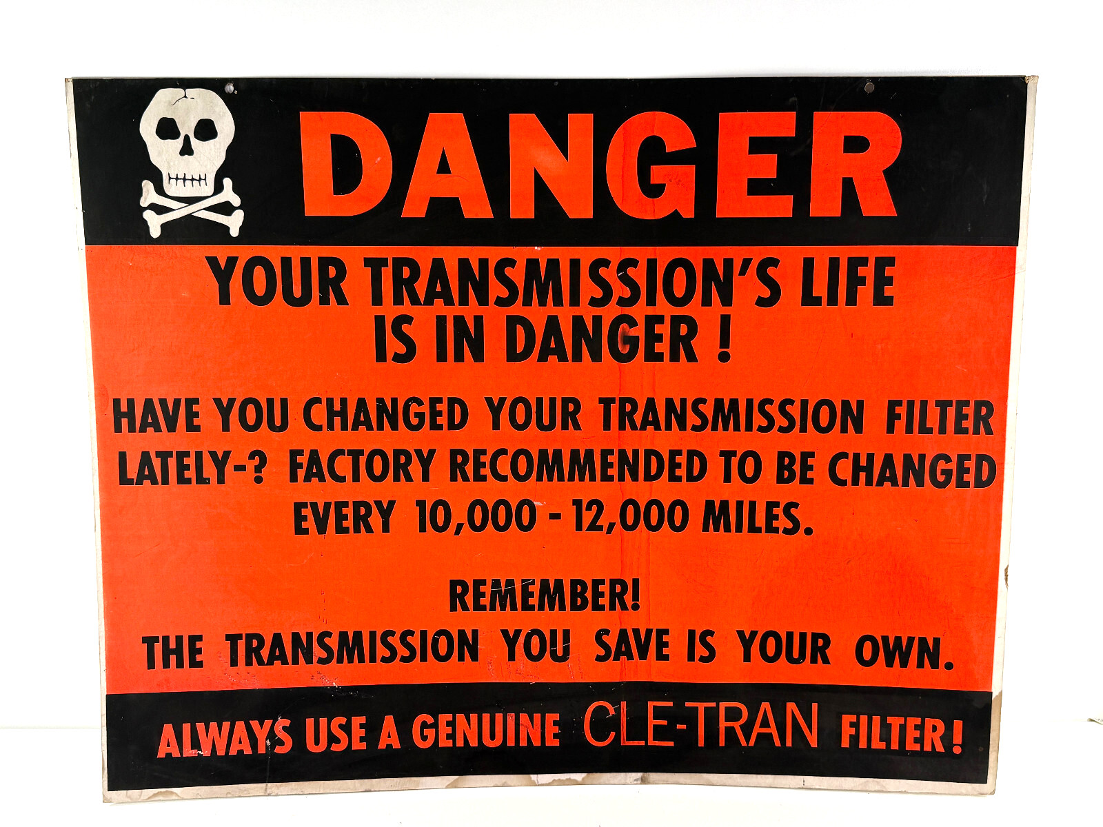 RARE 60's Cle-Tran DANGER Car Transmission Filter Advertising Sign Skull