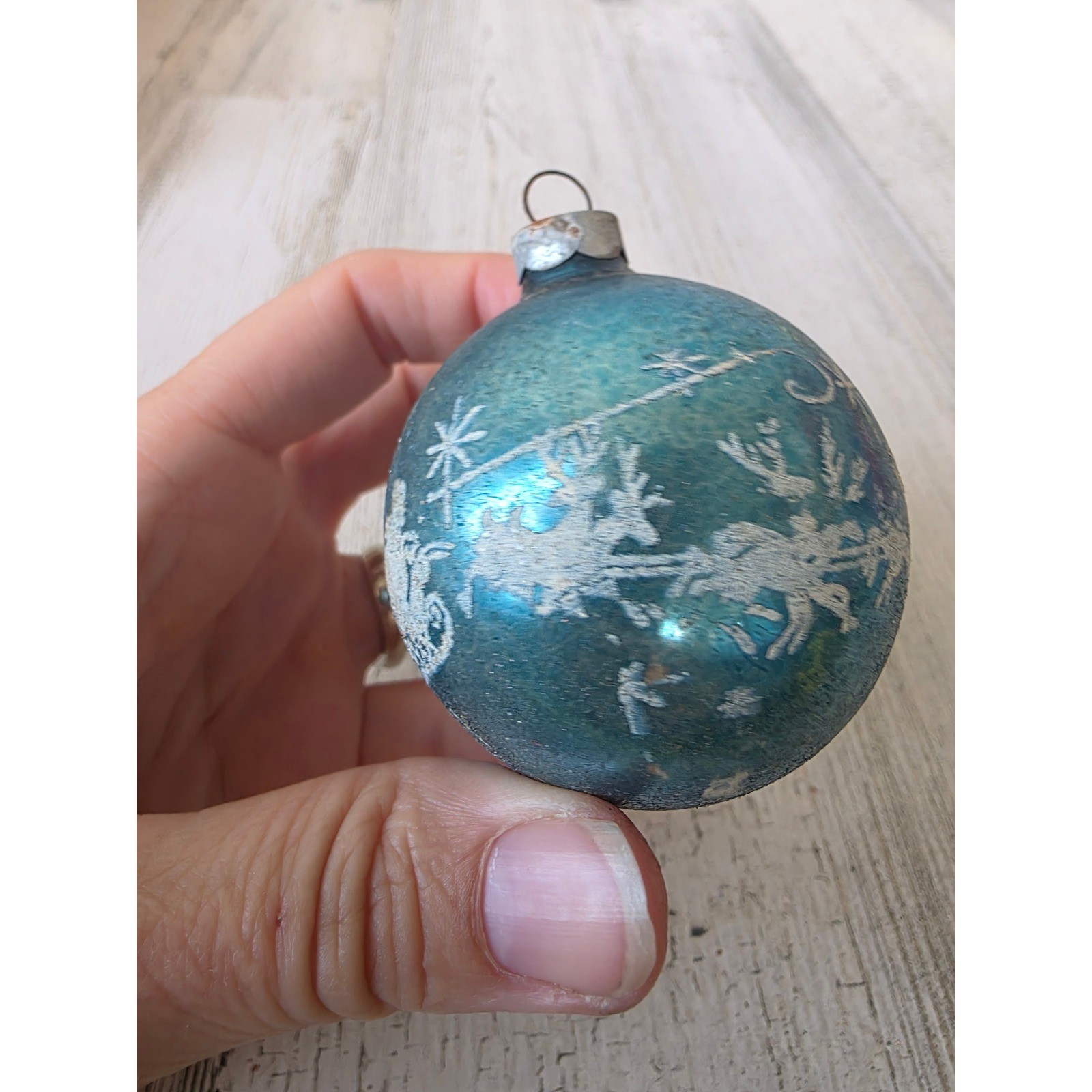 Vintage Santa reindeer stencil blue Glass ornament deer slay Xmas tree