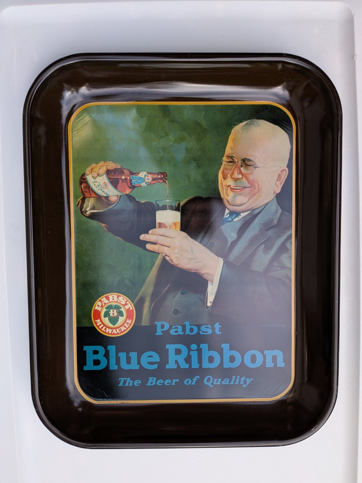 Pabst Beer Blue Ribbon Litho Metal Serving Tray 1933 Vintage Good Graphics PBR