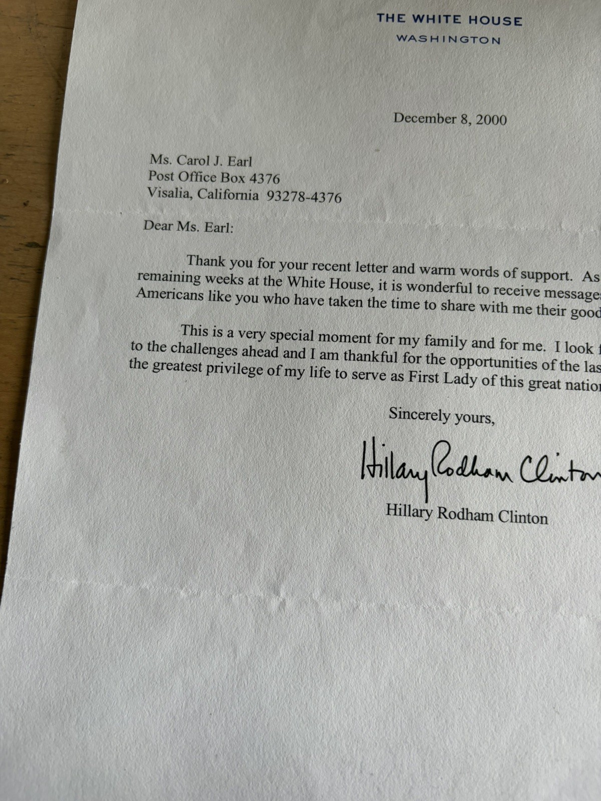 Signed Letter From Hillary Rodham Clinton On White House Stationery, Dec 2000