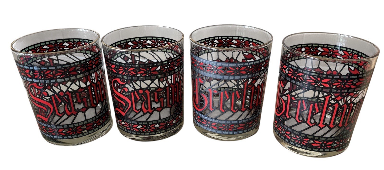 4 Vintage Houze Lowball “Seasons Greetings” Faux Stained Glass Design Glasses
