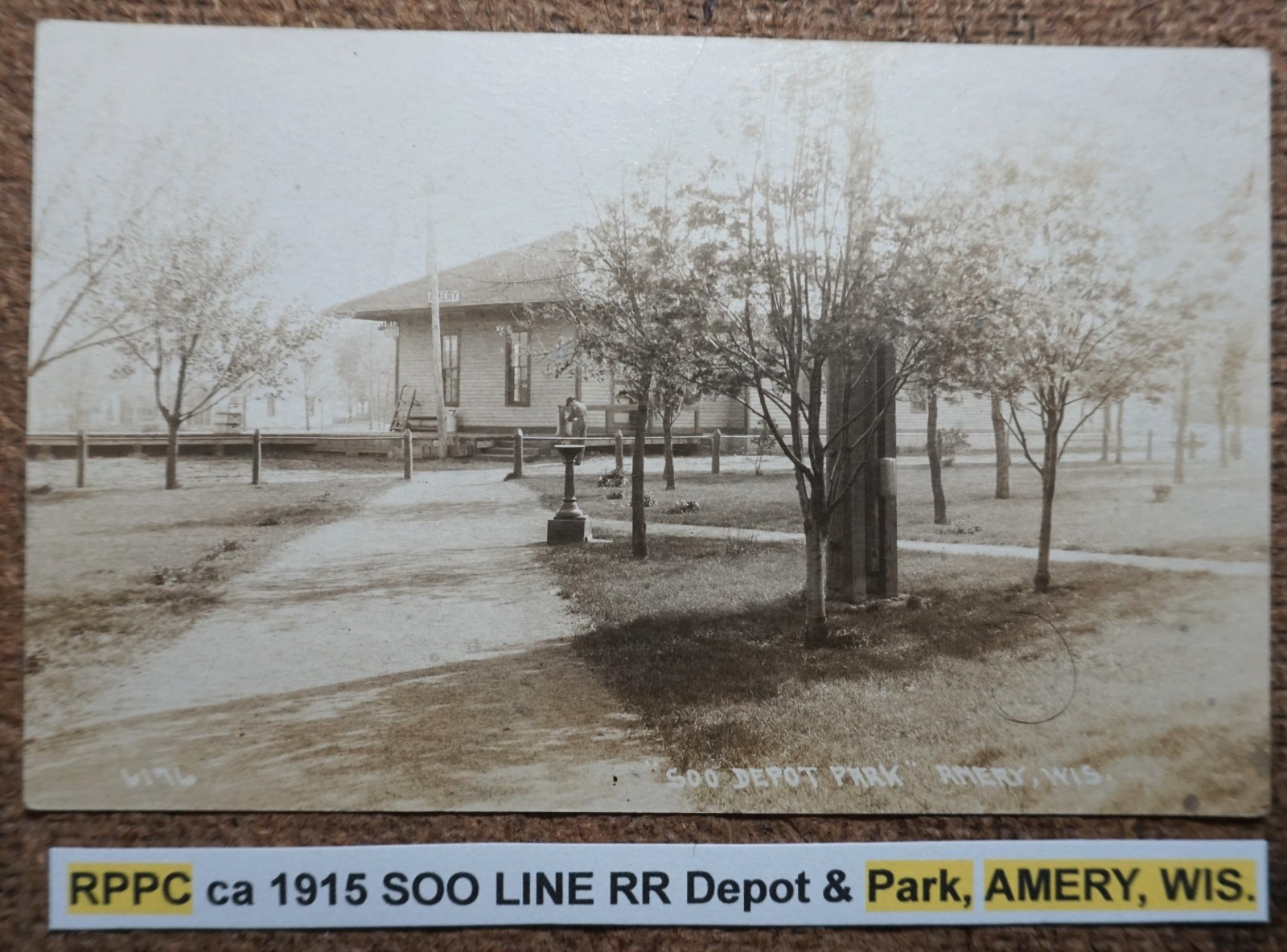 RPPC ca 1915 SOO LINE RR Depot & Park, AMERY, WISCONSIN. REAL PHOTO POSTCARD