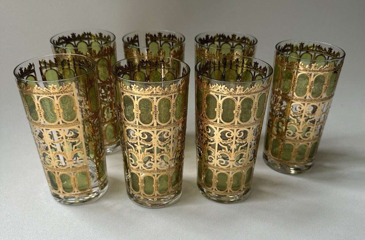 VTG MCM Emerald Scroll High Ball Glasses by Culver. Signed. 1950/1960s Set Of 7