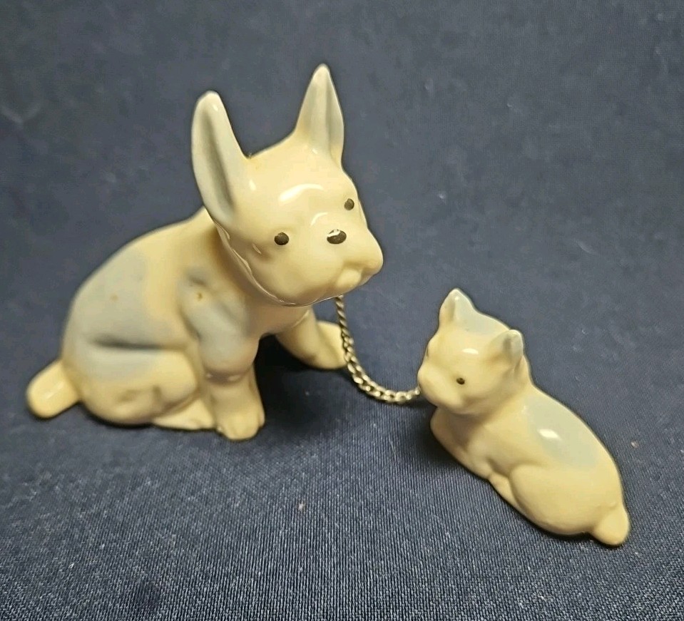 Vintage Boston Terrier Mother Dog with Puppy on Chain Figurine No Chips Japan 