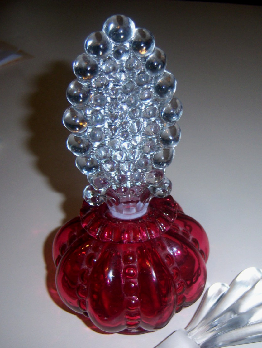 Fenton Vintage Cranberry Beaded Melon Perfume w/2 Stoppers