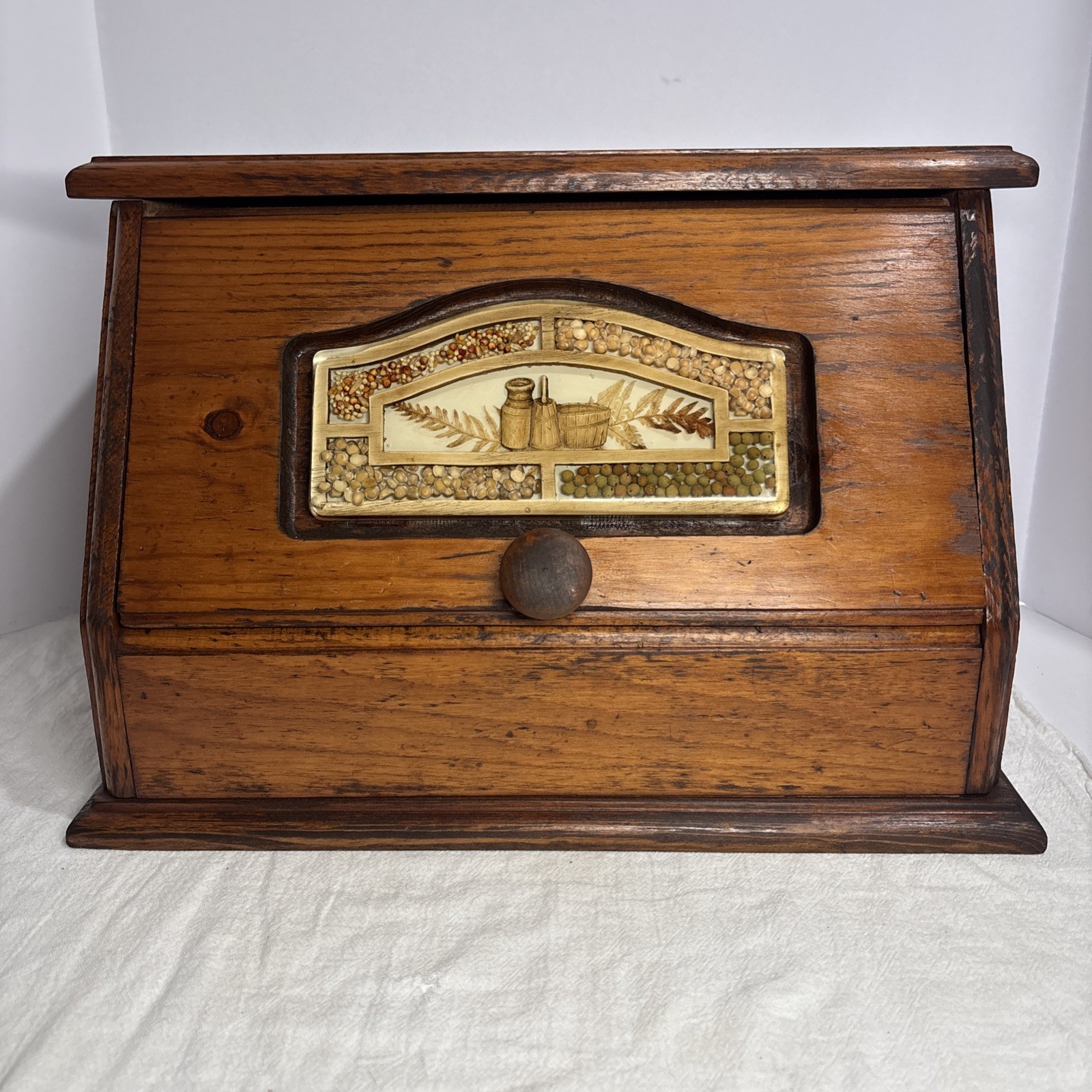Rare Heavy Vintage Wooden Bread Box Lucite Resin Inlay Vintage Good Condition